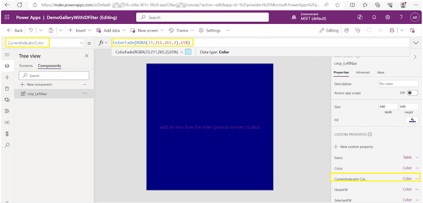 Create 4 additional new custom input properties to display menu colors.